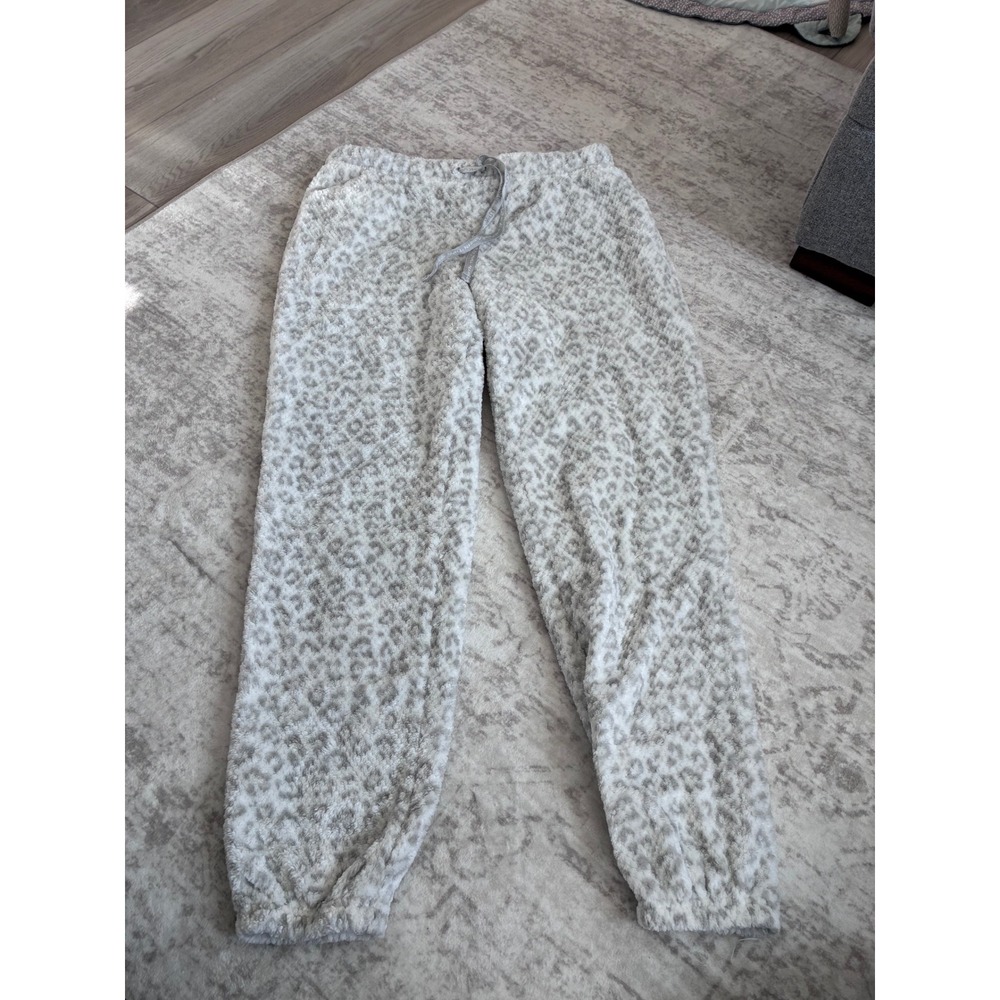 Muk Luks Leopard Print Fleece Pajama Pants Grey White Fuzzy Lounge Womens Medium